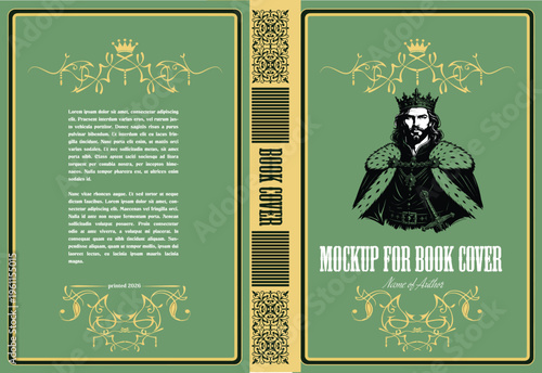 Foto 076-17-Ornate vintage fantasy book cover mockup with a regal king character wear