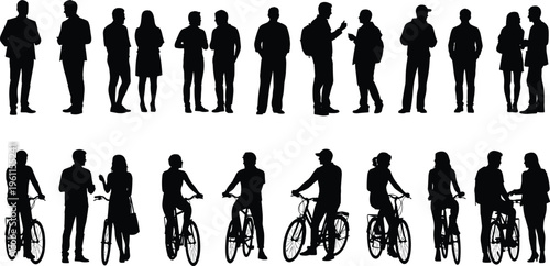 People silhouettes with bicycles and conversations, urban lifestyle, social interaction, cycling activity, city transport concept, black isolated illustration design set