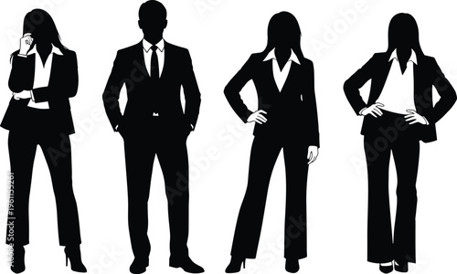 Black silhouette business professionals vector illustration, men and women in suits, confident corporate poses symbolizing workplace diversity and professionalism