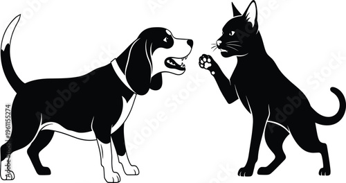 Black silhouette dog and cat confrontation vector illustration, animals facing off symbolizing rivalry, tension, humor, storytelling, and domestic pets