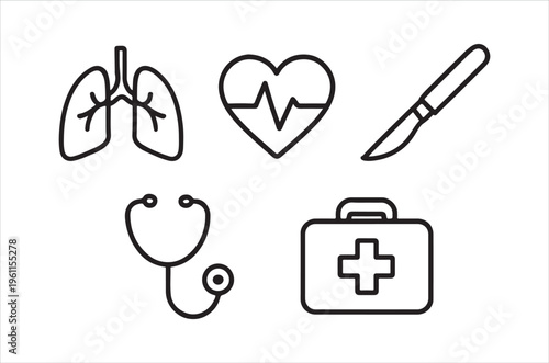 Medical icons depicting lungs heart scalpel stethoscope and first aid kit