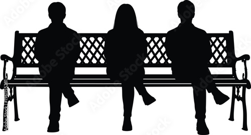 people sitting on bench silhouettes, three persons seated together outdoor park chair scene, social distance concept illustration isolated