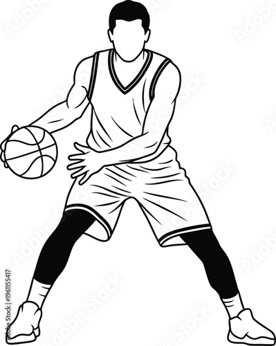A basketball player in a defensive stance with the ball