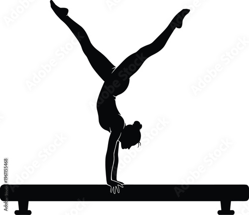 Black silhouette gymnast performing handstand split on balance beam, athletic vector artwork symbolizing strength, balance, flexibility, and artistic gymnastics