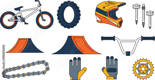 BMX Bike and Extreme Cycling Equipment Set with Bicycle Helmet Ramps Chain Gloves Handlebars and Spare Parts Vector Illustration