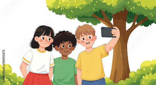 Happy Kids Taking Selfie Outdoors with Friends in Park, Smartphone Photography, and Summer Nature Cartoon Vector Illustration