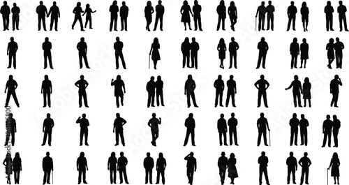 Black silhouette people grid vector illustration showing diverse human figures, standing, walking, interacting, symbolizing community, diversity, relationships, and society