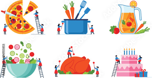 Isometric Food and Cooking Set with Pizza, Soup, Juice, Salad, Roast Chicken, and Birthday Cake Tiny People Vector Illustration