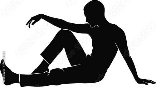 Black silhouette person sitting on ground in relaxed pose, leaning back, casual human posture vector artwork for design and anatomy