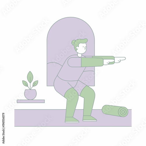 Person performing a squat exercise indoors with focus.