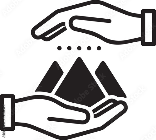 Hands protecting three geometric pyramid shapes with falling sand, symbolizing stability, resources, and foundation