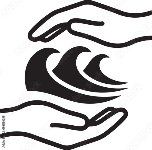 Minimalist black icon featuring two hands protecting stylized ocean waves symbolizing water conservation and marine life protection