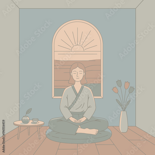 Person meditating peacefully in a serene room.