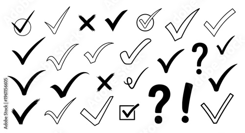Checkmarks hand drawn set with black tick marks and crossed marks on white background. featuring ticks, crosses, vector with graphic and icons