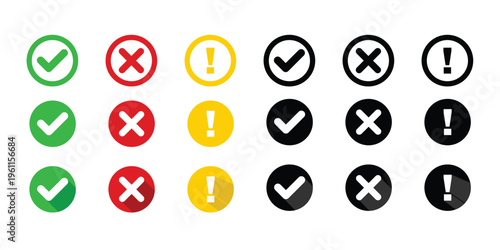 Status icon set with check mark, cross and exclamation symbols. Success, error and warning indicators. Vector Illustration