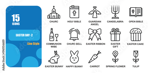 Easter Day and Religious Christian Line Icon Set