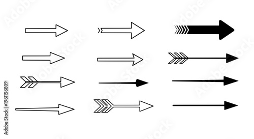 Arrows hand drawn set with black curved lines and straight pointed tips featuring vector, illustration, graphics with icons and signs elements for