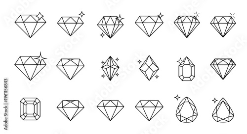 Diamonds line art set with various cuts and sparkles, black and white featuring diamond, gemstone, gemstones with jewelry and sparkle elements for