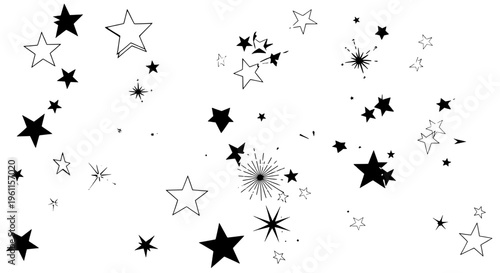 Stars set with black and white illustrations and sparkles flying featuring starburst, fireworks, celestial with night sky and astronomy elements for