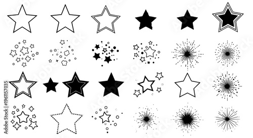 Stars hand drawn set with black outlined and filled shapes, burst effects, and dotted lines on white background