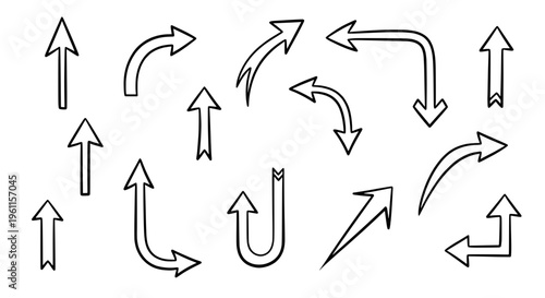 Arrows hand drawn set with black curved lines and pointed tips in various directions featuring direction, movement, navigation with icons and
