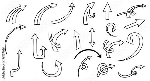 Arrows hand drawn set with black curved lines and pointed tips on white background featuring directional, symbols, icons with graphics and