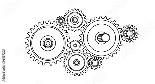 Gears interlocking mechanical with black outline and cogwheel details for industrial use featuring cogwheels, machinery parts, gear system with gear
