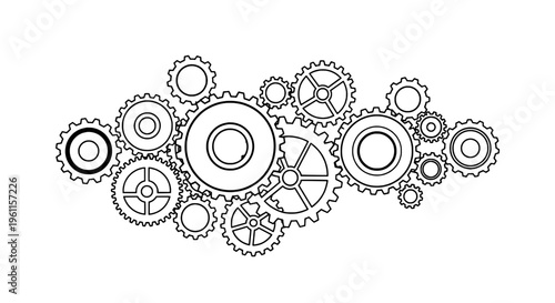 Gears mechanical set with interlocking cogs and wheels in black line art on white background featuring illustration, drawing, engineering with