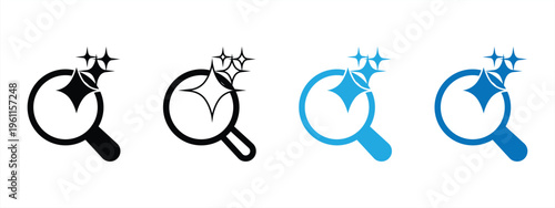 A simple colored magnifying glass icon set with a sparkling star symbol indicating discovery or cleanliness. Vector illustration