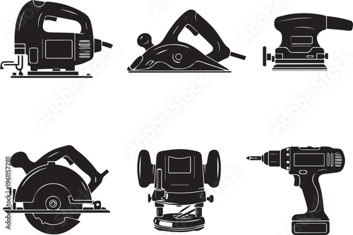 Power tools vector black silhouettes on transparent background. Set of six different electrical construction tools
