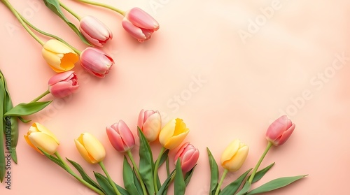Fresh Pink and Yellow Tulips Scattered on Soft Peach Background with Copy Space