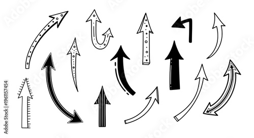 Arrows hand drawn set with black curved lines, pointed tips, and various textures and patterns on white background