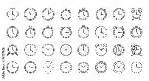 Clocks line icon set with various styles and designs, including stopwatches and alarm clocks in simple black and white outline