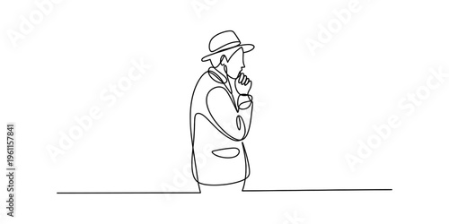 Continuous line drawing of a pensive man wearing a hat and jacket in a minimalist style