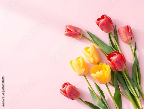 Bouquet of Red and Yellow Tulips on Soft Pink Background with Copy Space