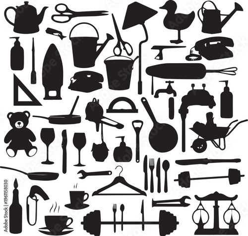 Large assortment of household item silhouettes containing kitchenware garden tools toys and miscellaneous everyday equipment