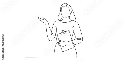 Continuous line drawing of a woman holding a clipboard and gesturing