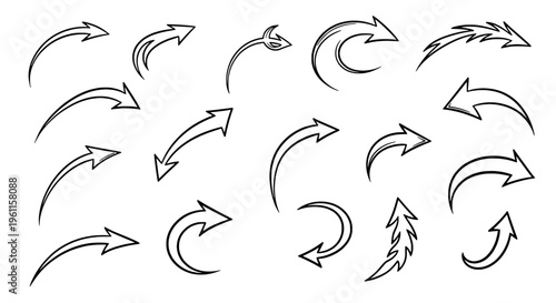 Arrows hand drawn set with black curved lines and pointed tips on white background featuring vector, illustration, graphic with design and icons
