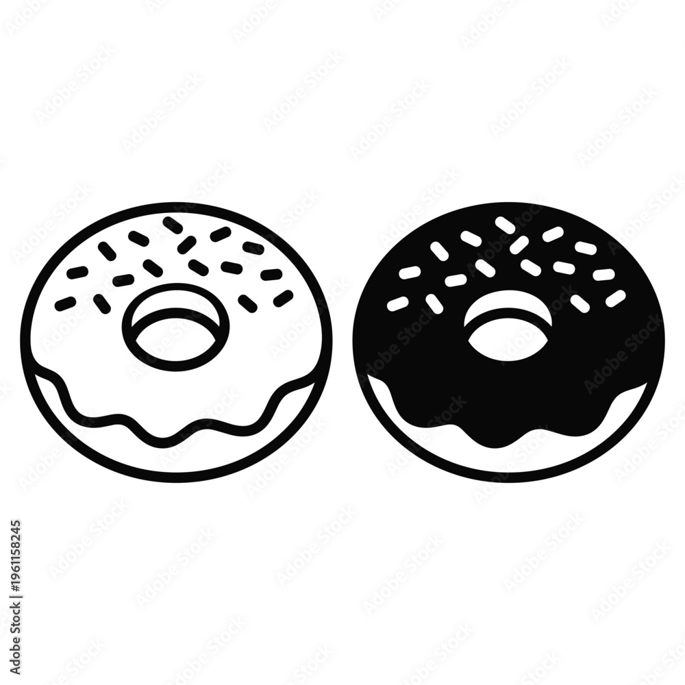 Fototapeta premium Donut with sprinkles, outline and silhouette icon