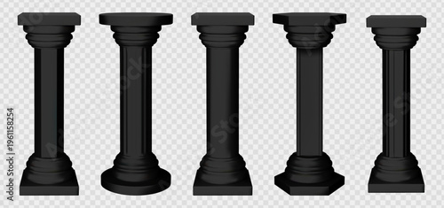 Roman concrete hexagon column. Black museum pillar plinth with cylinder podium. Dark greek mythology product display monument for exhibit mockup. 3d architecture frame element. Ornate antique block