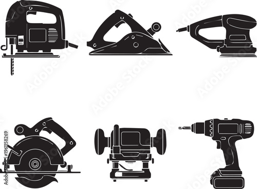 Collection of black silhouette power tools on a transparent background including jigsaw planer sander circular saw drill and planer