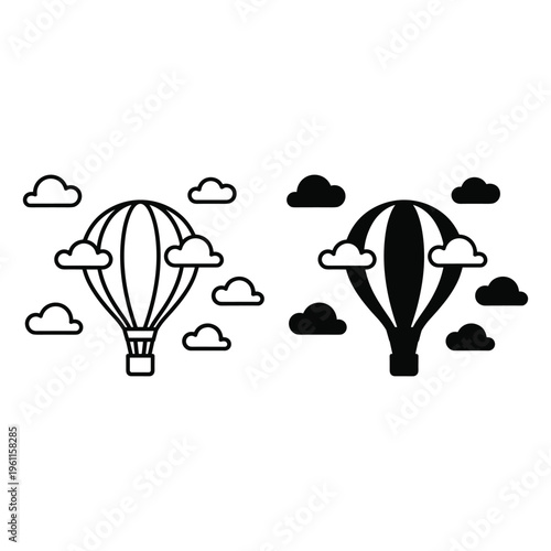 Hot air balloon icon silhouette and outline with clouds