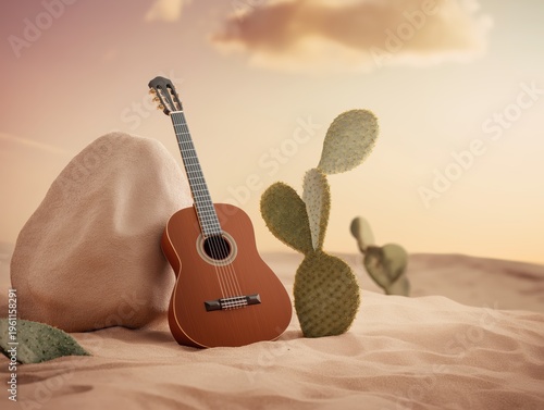Desert still life featuring an acoustic guitar placed near a rock and cactus during sunset