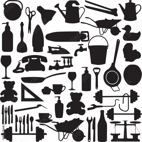 Diverse collection of black silhouette objects and tools on a transparent background for household and daily use needs
