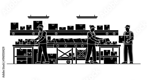 Warehouse workers efficiently sorting packages in a busy distribution center