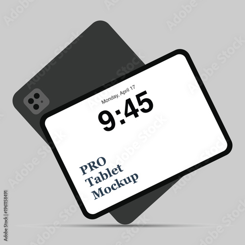 A tablet with a white screen displaying the time and date is propped up on a black background