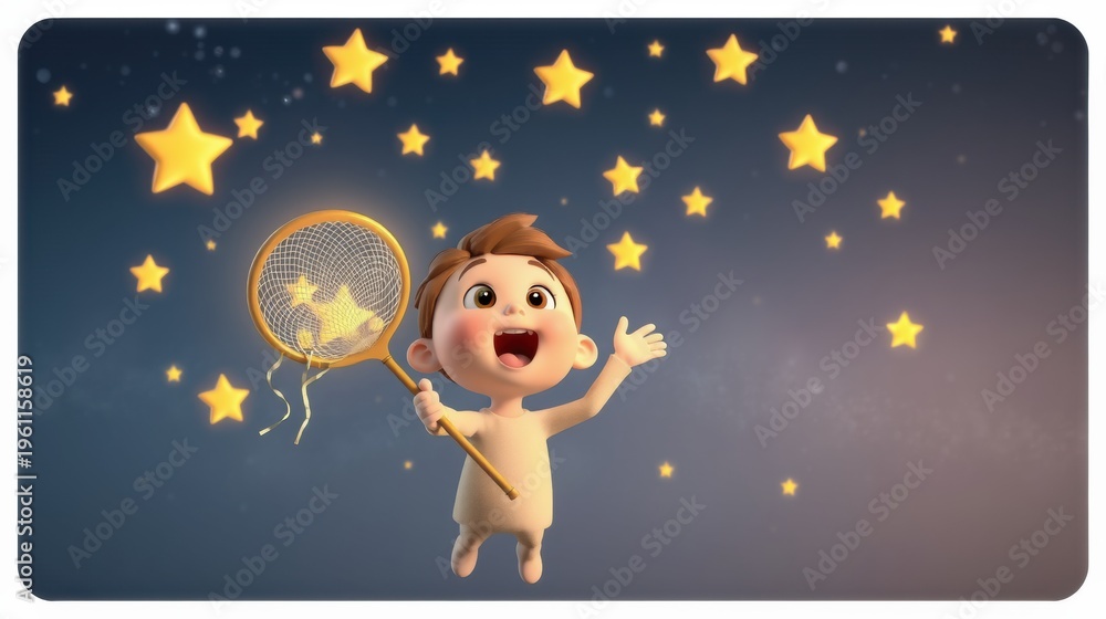 Fototapeta premium Baby joyfully attempts catching stars using net. Nighttime scene evokes wonder, dreams, childhood innocence. Bright colors dominate composition.