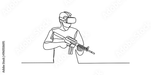 Continuous line drawing of a person wearing virtual reality goggles and holding a gun