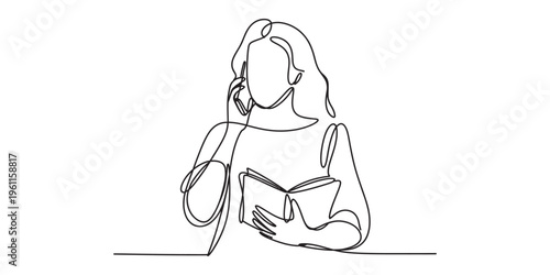 Continuous line drawing of woman reading and talking on phone