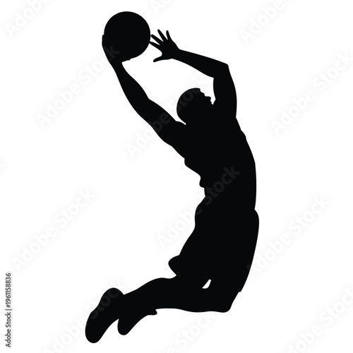Silhouette of a basketball player jumping for a shot or rebound